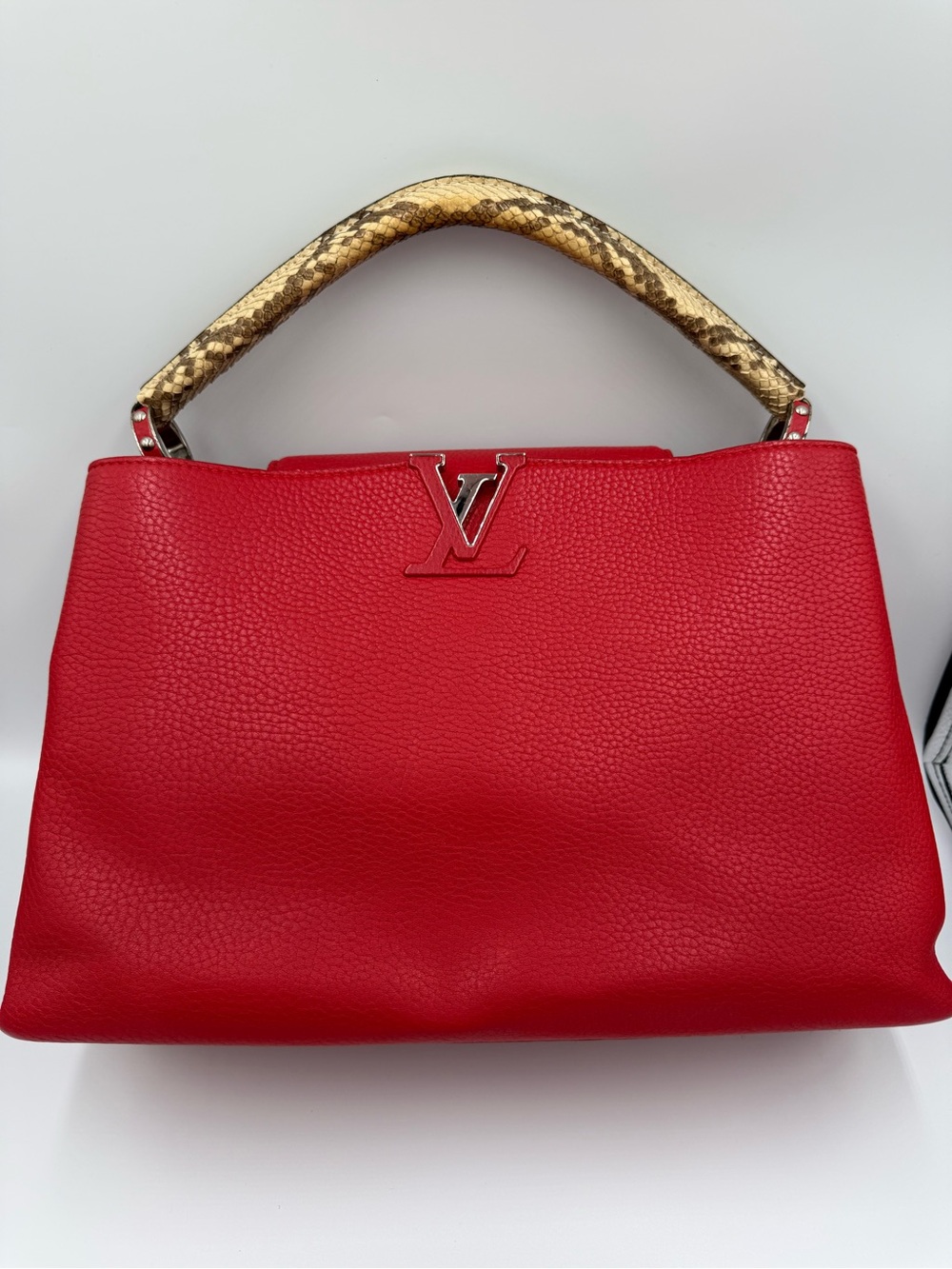 Louis Vuitton Red Leather Capucines GM with Python Top Handle
